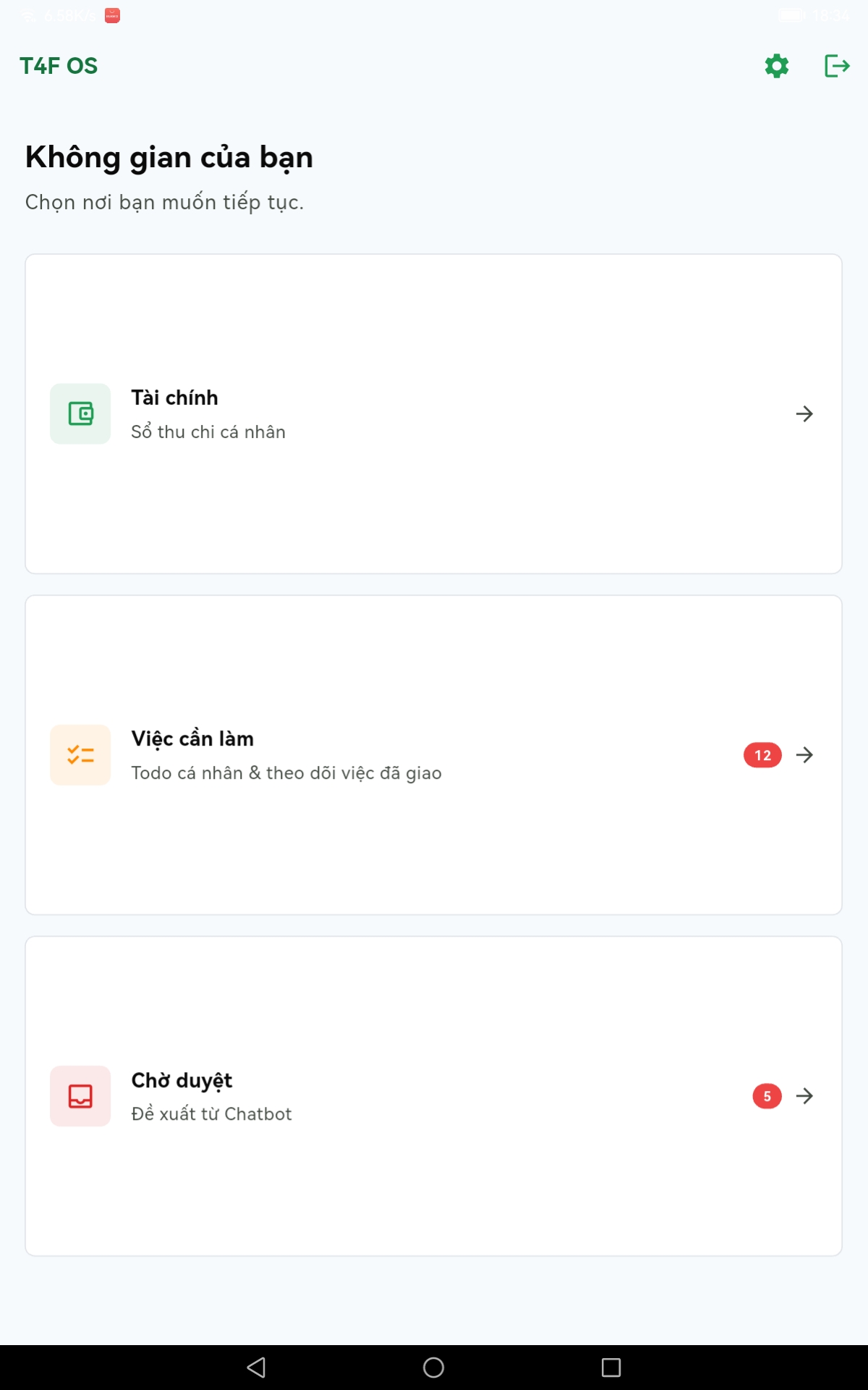 Ảnh chụp màn hình dự án T4F OS — Ứng dụng cá nhân đa module - App tôi tự viết và dùng hằng ngày: việc cần làm, thu chi, và hộp duyệt các đề xuất do chatbot ghi hộ