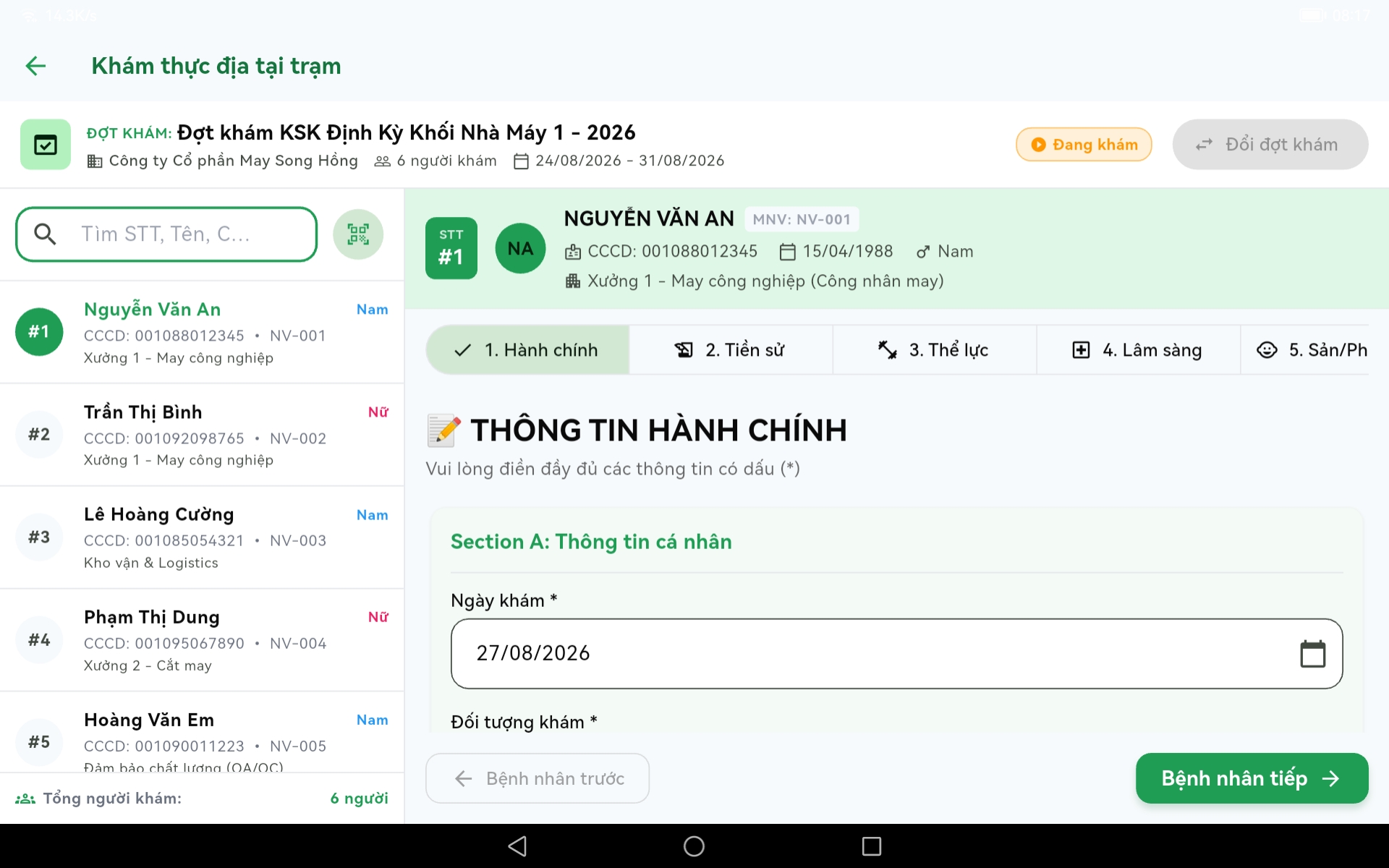 Màn khám chia đôi, tab thông tin hành chính
