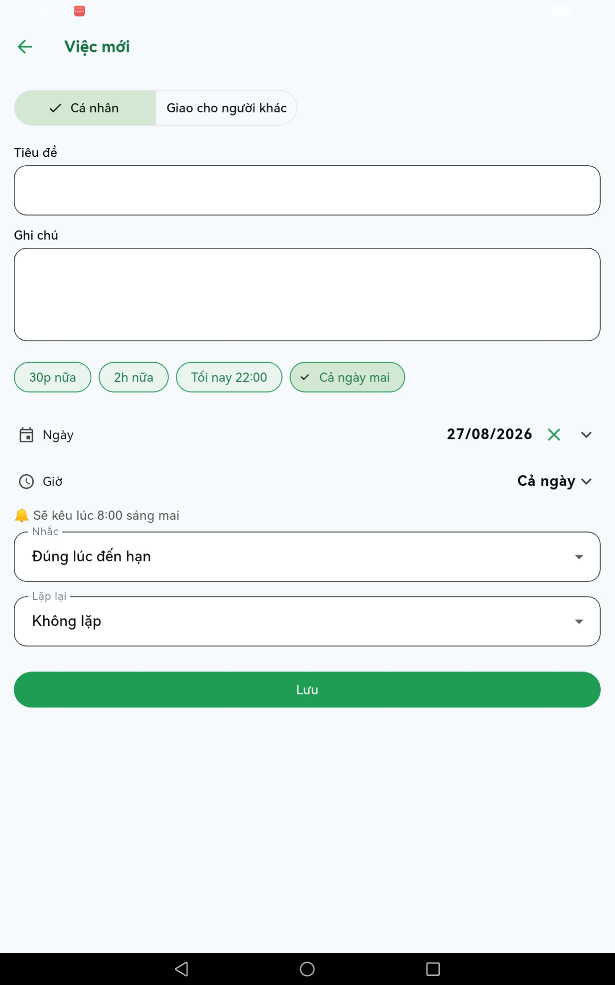 Tạo việc mới với hạn, nhắc và lặp lại