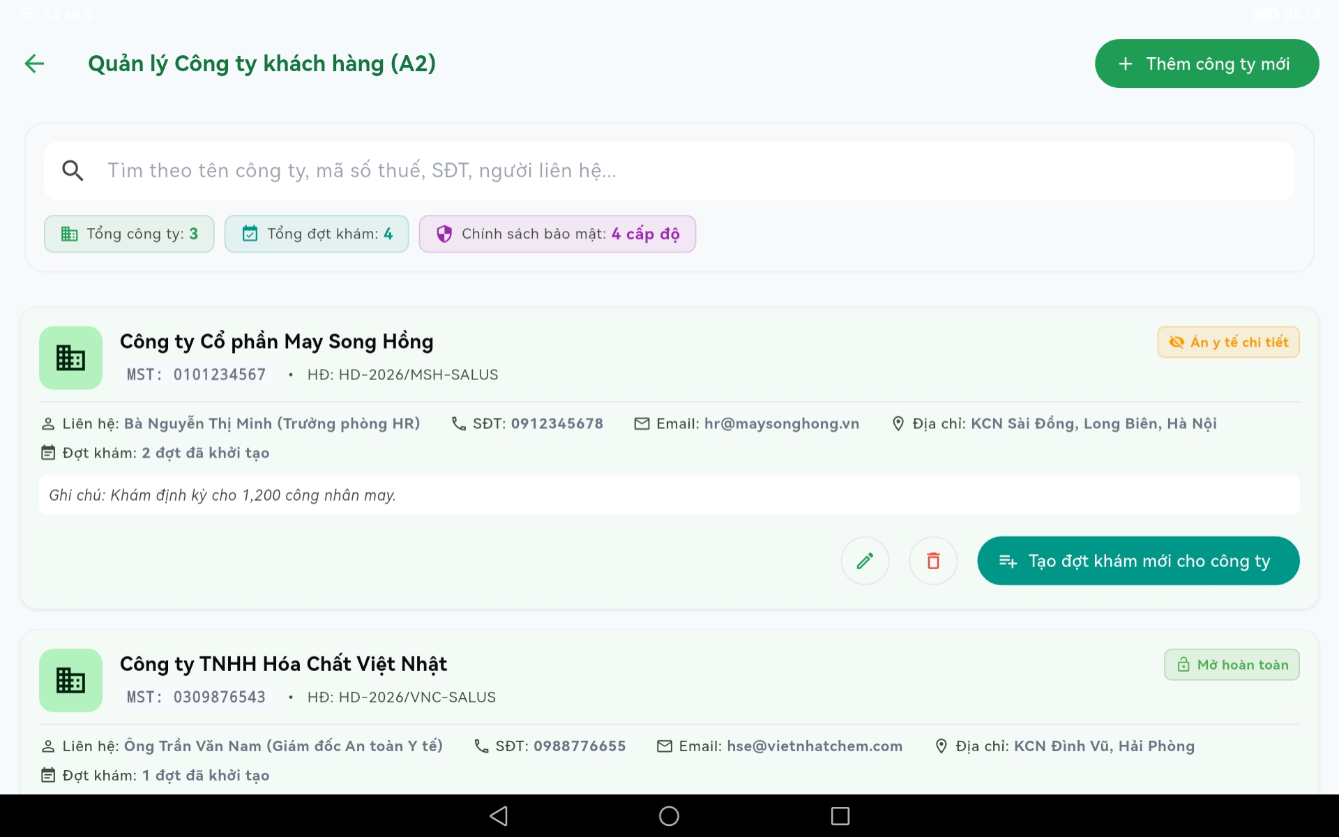 Danh sách công ty khách hàng và chính sách bảo mật